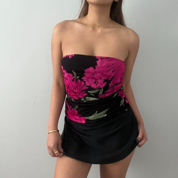 Vintage Eclipse Black Mesh Ruched-Side Tube Top with Floral Prints – Size L - Picture 3 of 8